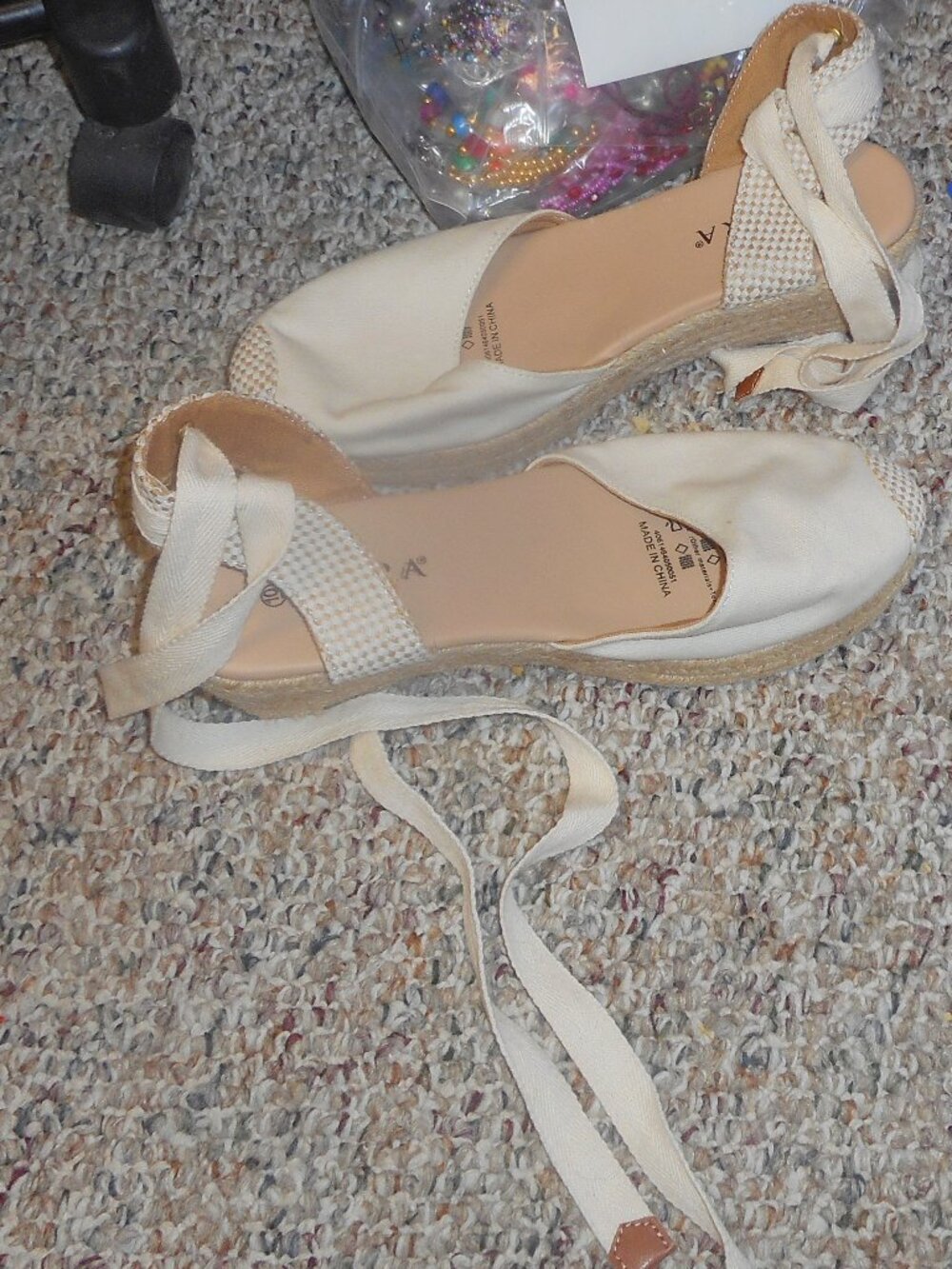Serra - Cream color, Canvas, Wedges with Ankle Wrap